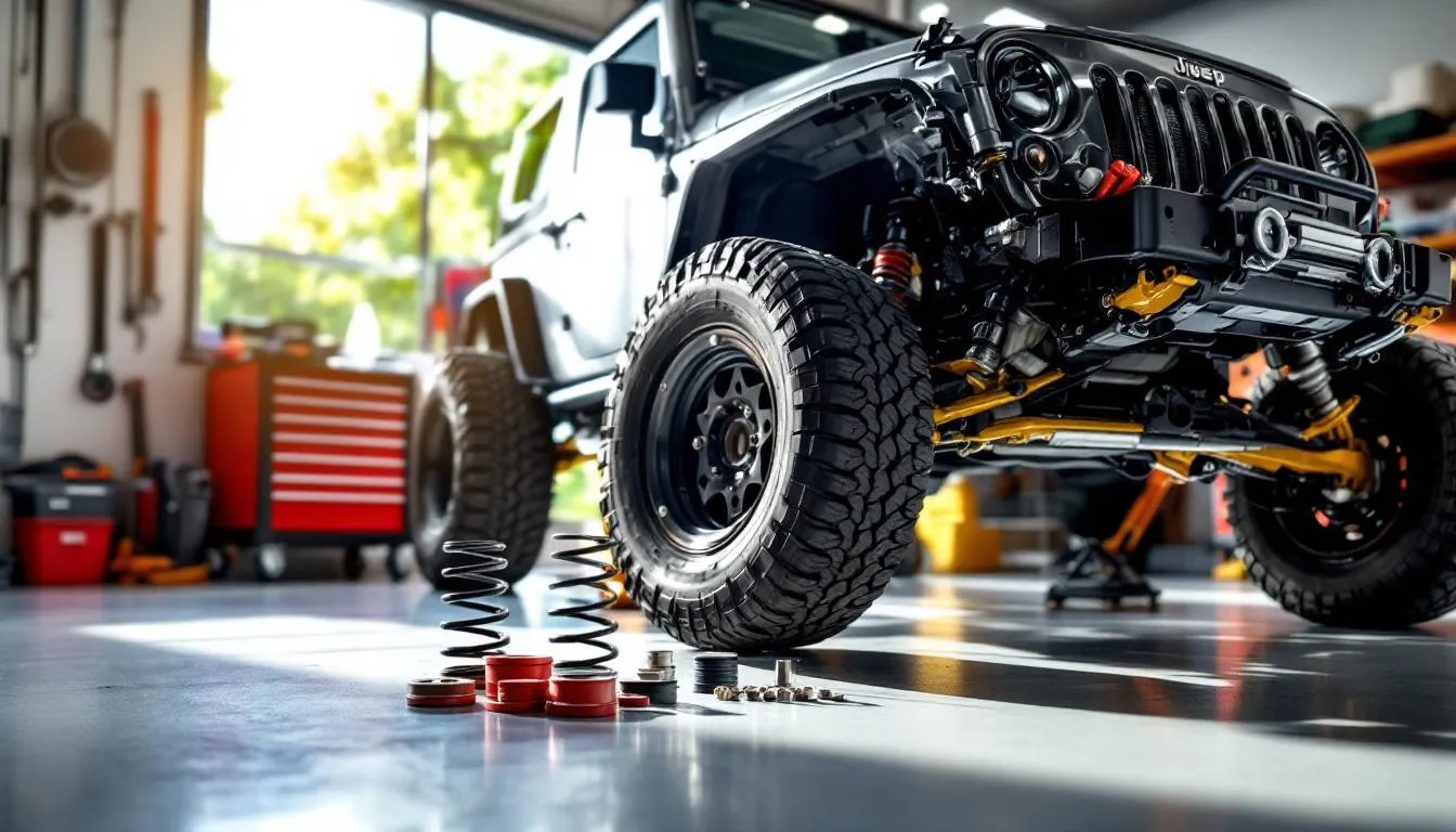 Jeep Wrangler JK on jack stands in home garage with front suspension removed and new lift kit components laid out on floor