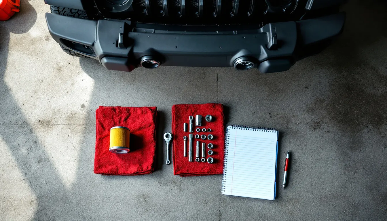 Jeep JK Wrangler maintenance schedule setup with oil filter, air filter, torque wrench, and maintenance logbook organized in home garage