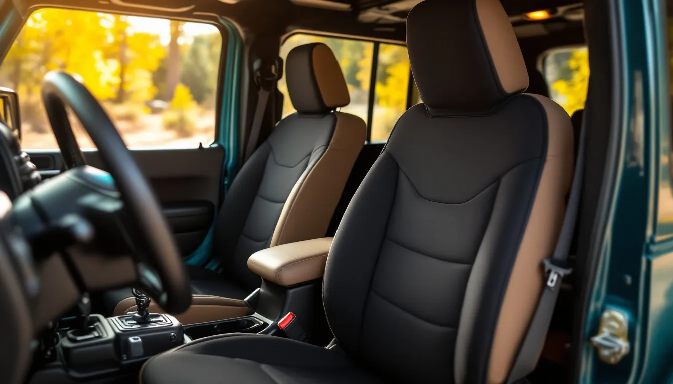 Black neoprene seat covers installed on tan Jeep JK Wrangler front bucket seats with doors off showing custom fit and waterproof material