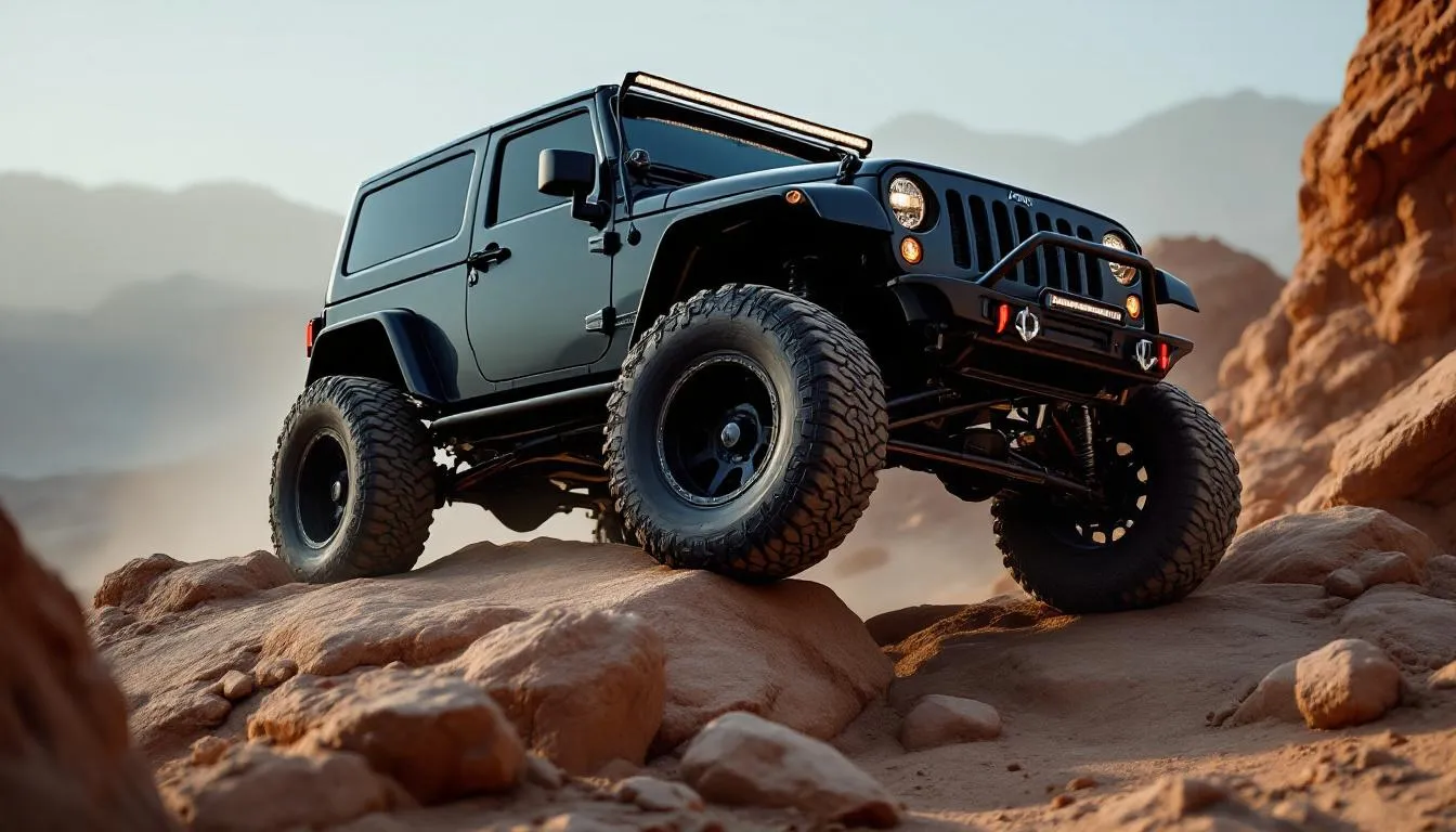 Jeep Wrangler JK with disconnected sway bar showing maximum suspension articulation on rocky trail