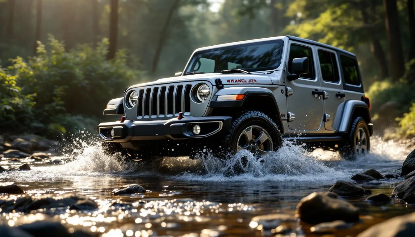 Jeep Wrangler JK crossing stream with extended differential breathers protecting drivetrain