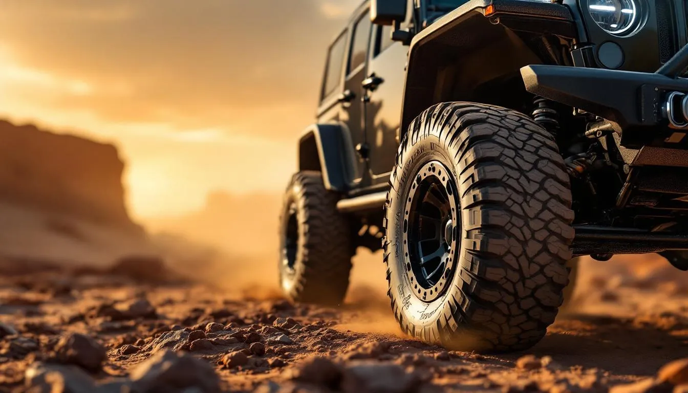 Lifted Jeep Wrangler JK with wheel spacers showing aggressive stance and 35-inch tires on desert trail