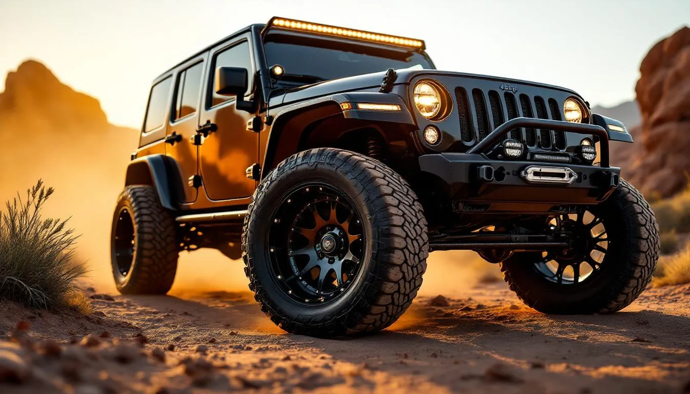 Lifted Jeep Wrangler JK with aftermarket wheel and tire combo showing proper offset and backspacing on desert trail