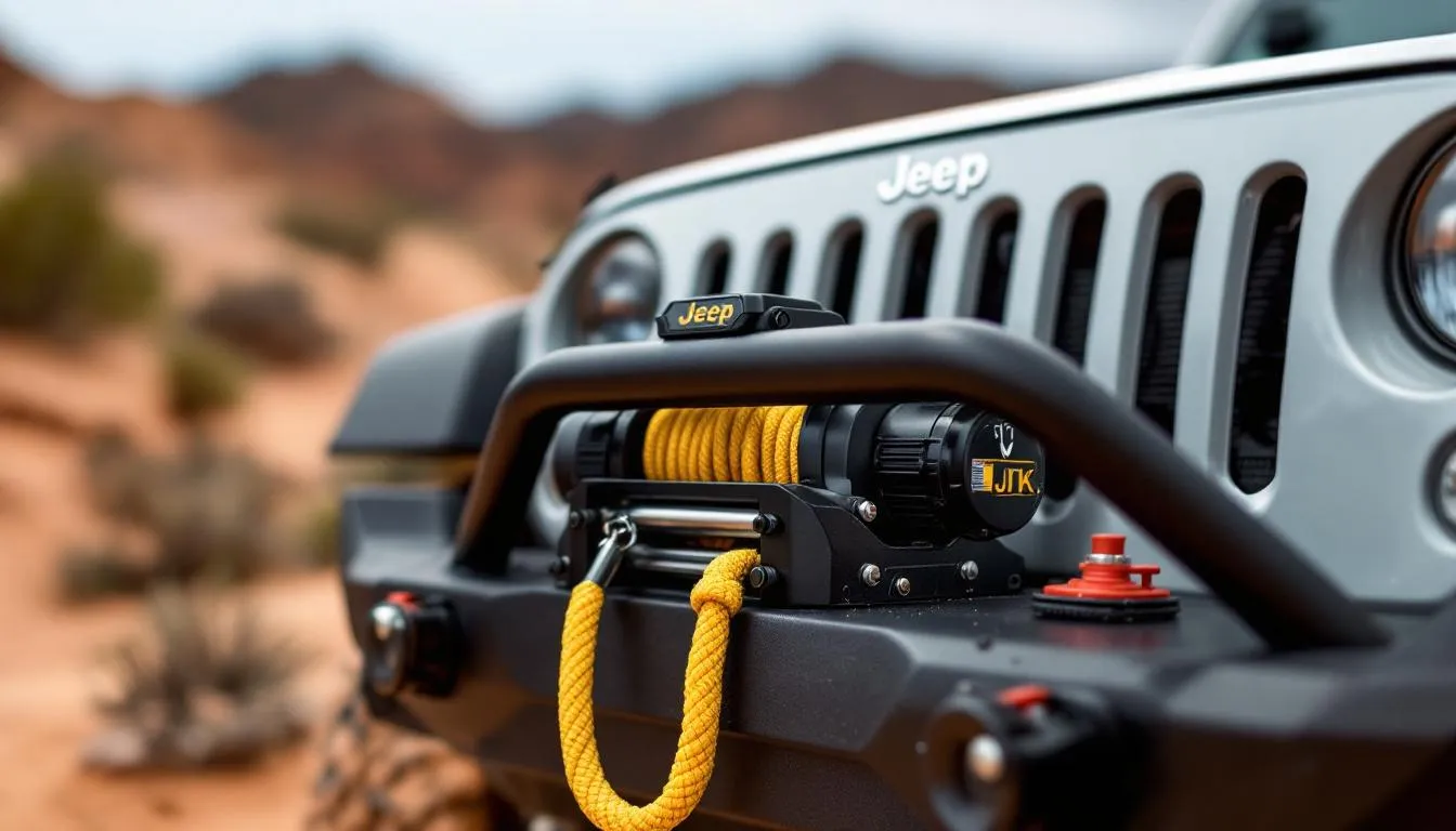 Electric recovery winch mounted on Jeep Wrangler JK front bumper with synthetic rope