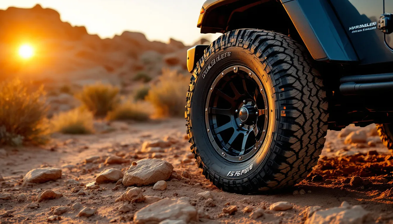 Jeep Wrangler JK with all-terrain tires on mixed dirt and rock trail showing aggressive tread pattern