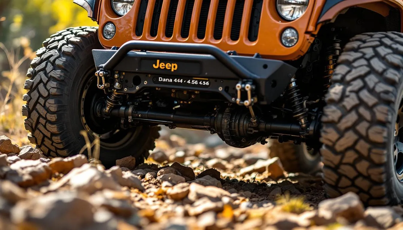 Jeep JK Wrangler with 33-inch tires and upgraded 4.56 gear ratio Dana axle differential on trail