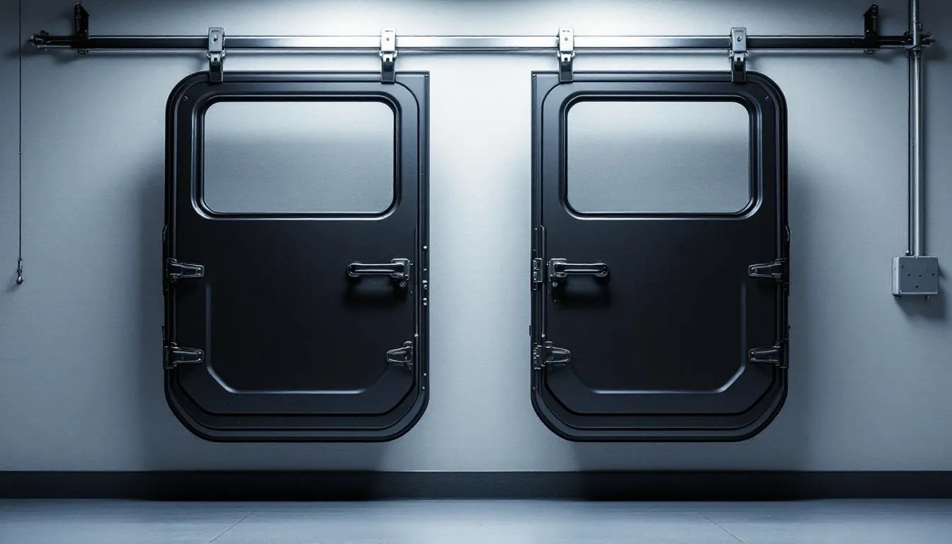 Two black Jeep Wrangler JK doors with exposed hinges hanging in organized garage storage setup