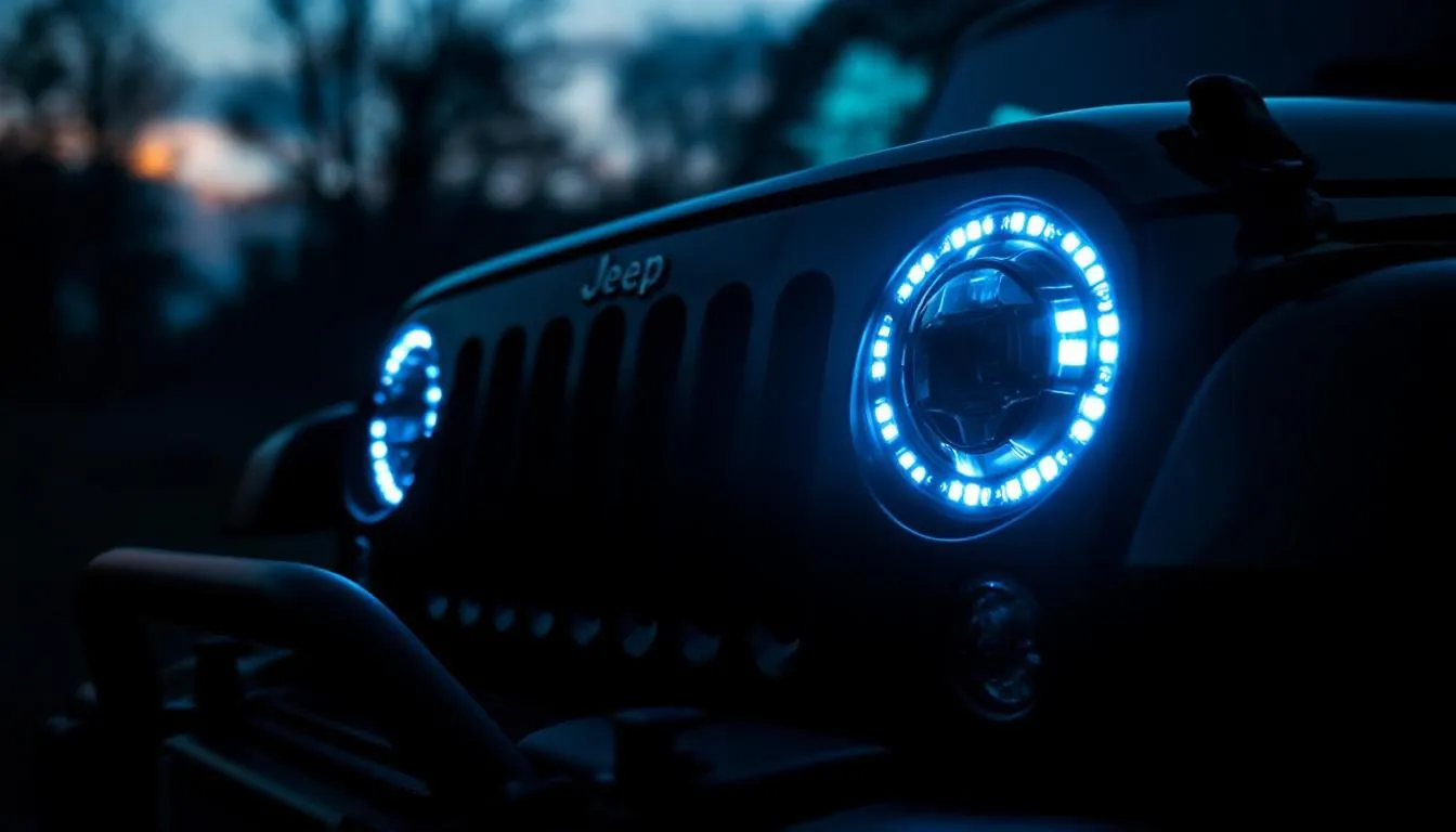 Black Jeep Wrangler JK with LED halo headlights glowing at dusk, aftermarket lighting upgrade installed