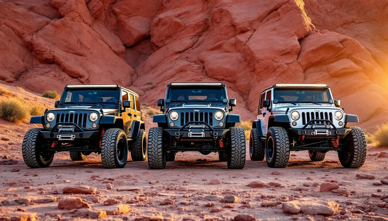 Side-by-side comparison of three Jeep Wrangler JK models showing stock suspension, leveling kit with raised front end, and full 2.5-inch lift kit with larger tires on desert terrain