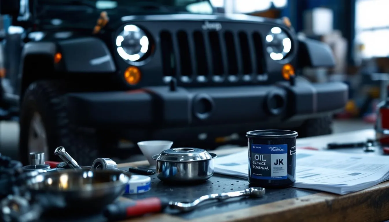 Organized JK maintenance tools and service manual with Jeep Wrangler JK in workshop background