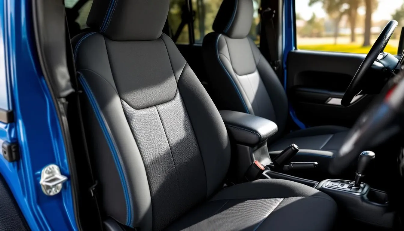 Custom neoprene seat covers installed on Jeep Wrangler JK front bucket seats with waterproof protection