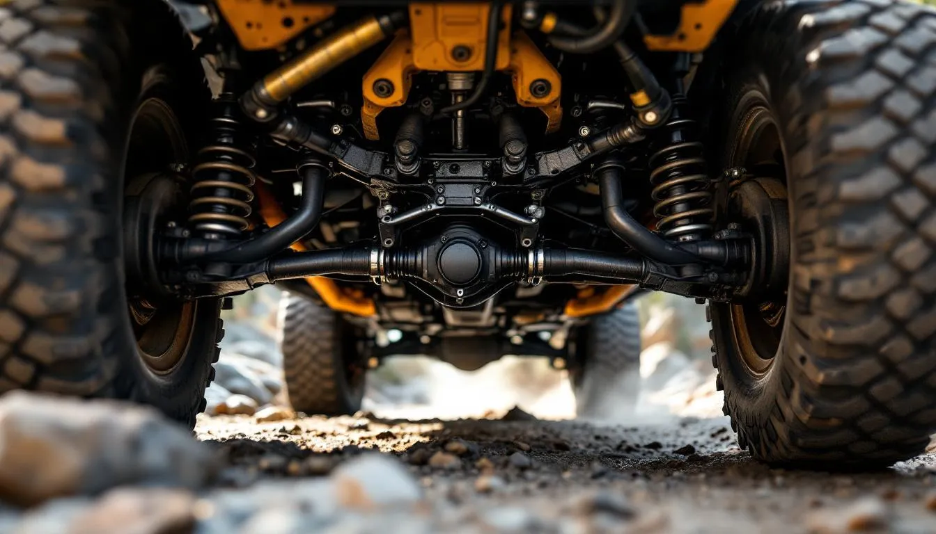 Lifted Jeep Wrangler JK showing upgraded driveshaft and suspension components from undercarriage view