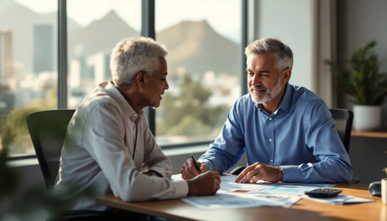 A South African financial advisor reviewing retirement planning documents with a middle-aged couple in a modern office, with a city skyline visible through the window