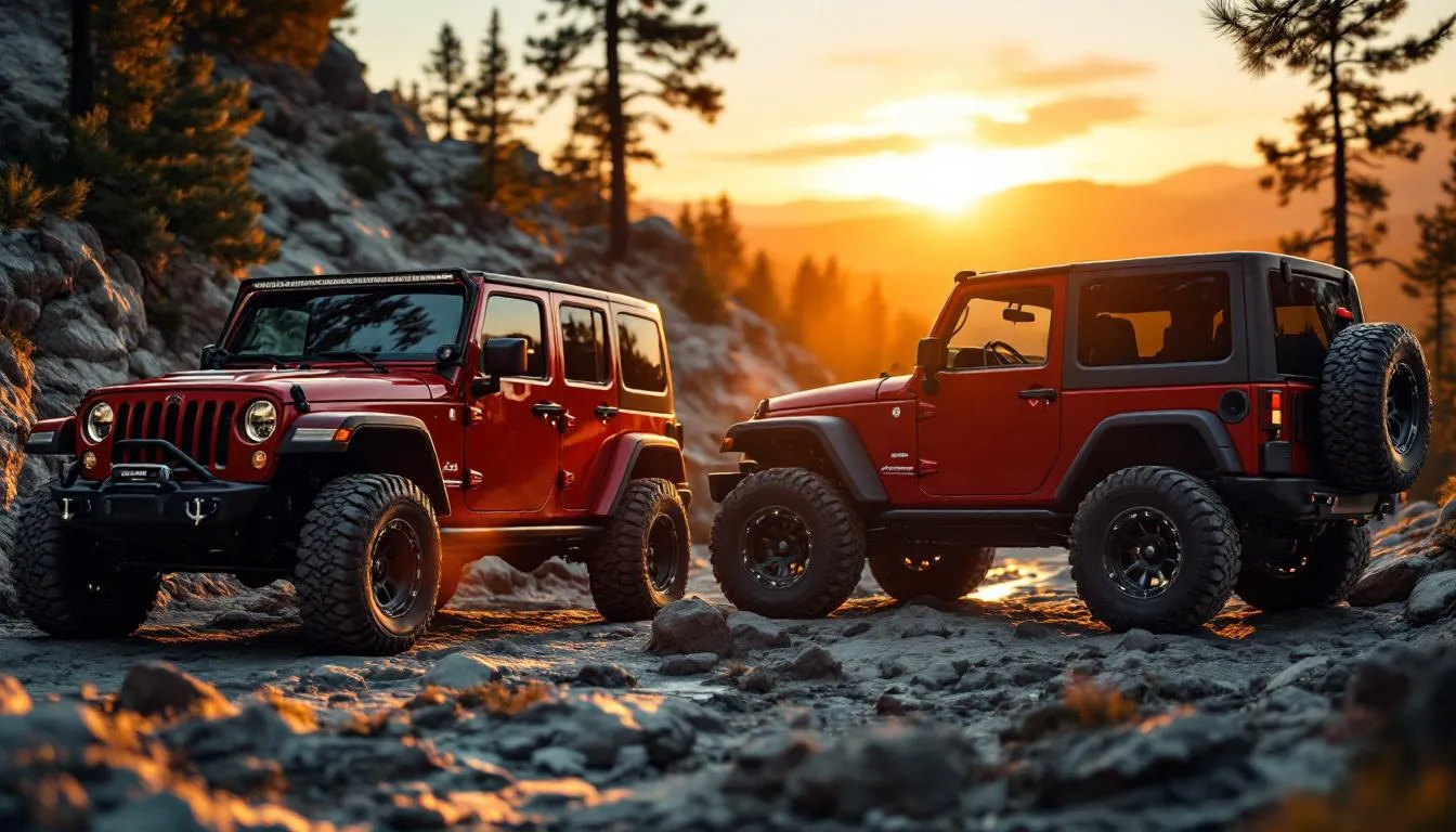 Side by side comparison of Rugged Ridge and Bestop tube doors installed on red Jeep Wrangler JK vehicles on mountain trail showing construction differences