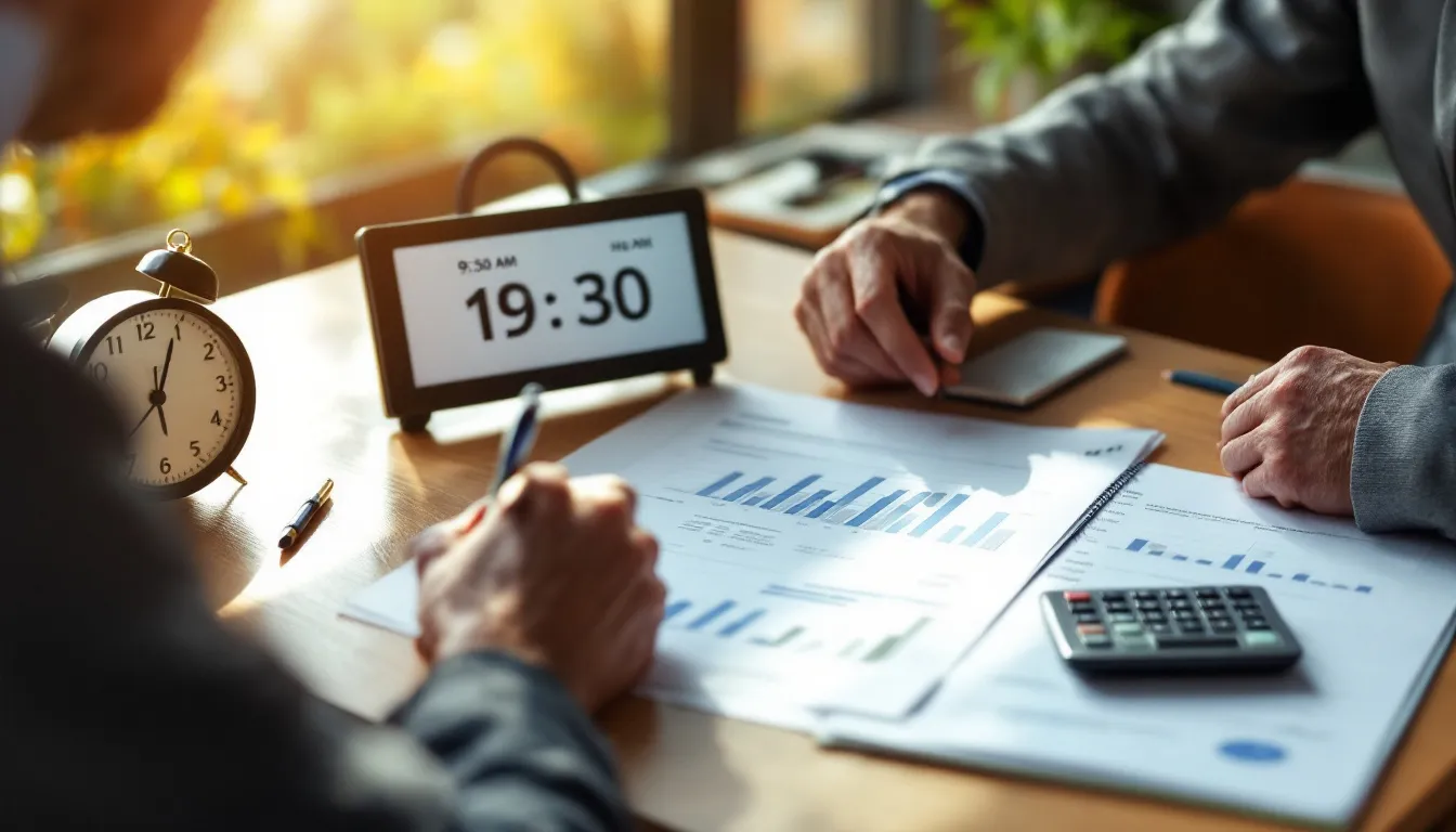 South African investor reviewing offshore investment statements with a world clock showing New York market opening time of 9:30 AM alongside the South African equivalent time