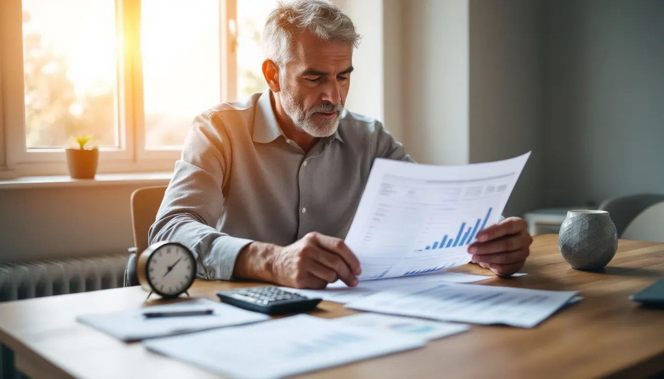 South African investor reviewing stock market investment statements at his desk early in the morning, with a clock showing 6:30 AM and portfolio charts on the table