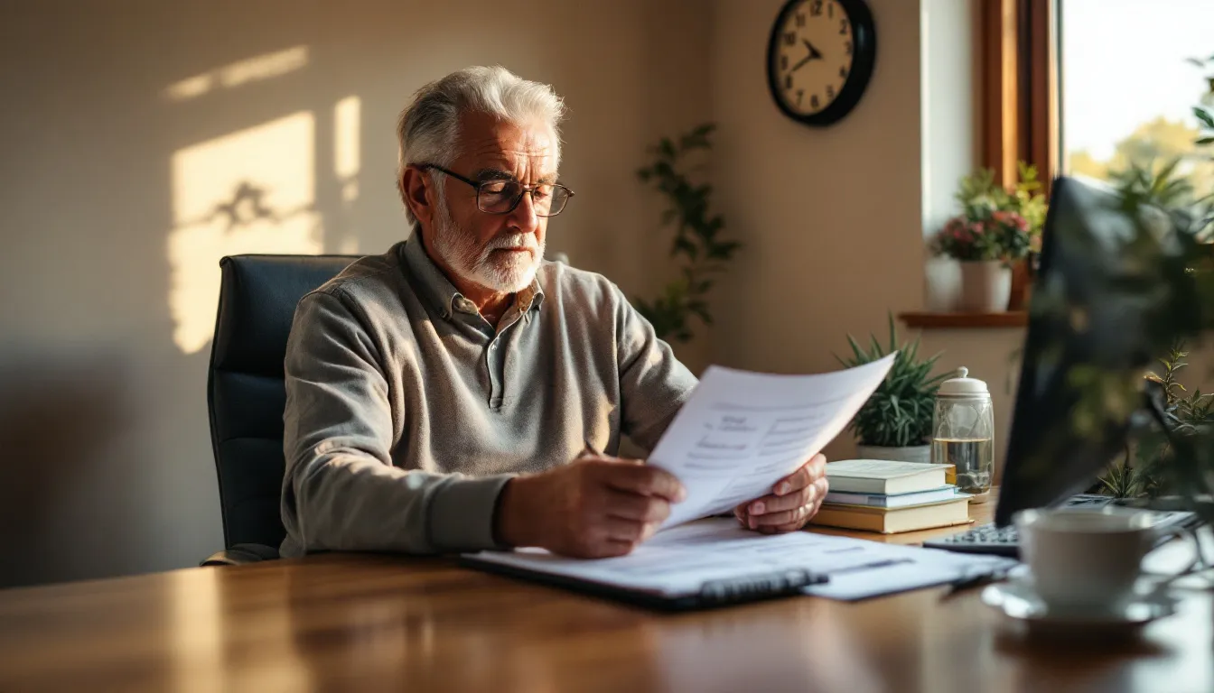 South African retiree reviewing investment statements at a home office desk with a wall clock showing 7:30 AM, planning around US stock market trading hours