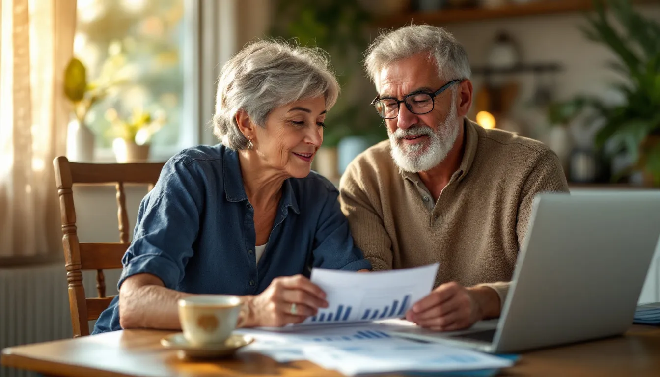 Retired South African couple reviewing annuity and retirement income documents at a kitchen table with a laptop open, in warm natural light