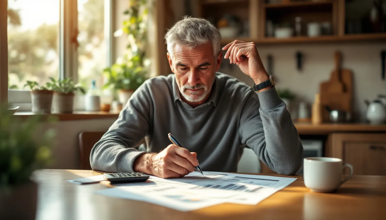 South African retiree reviewing annuity documents at a kitchen table with a calculator and rooibos tea