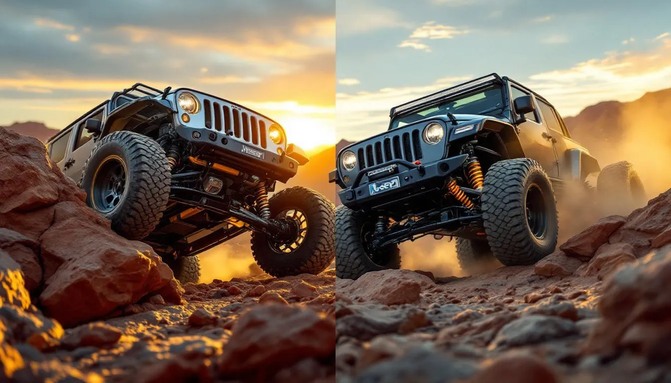 Side-by-side comparison of silver and black Jeep Wrangler JK vehicles with aftermarket lift kits demonstrating suspension articulation on rocky terrain at sunset