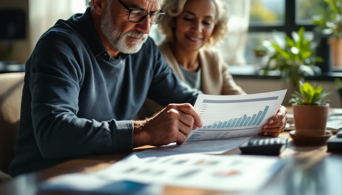 Financial advisor discussing long-term investment strategy with client over portfolio statement showing steady growth
