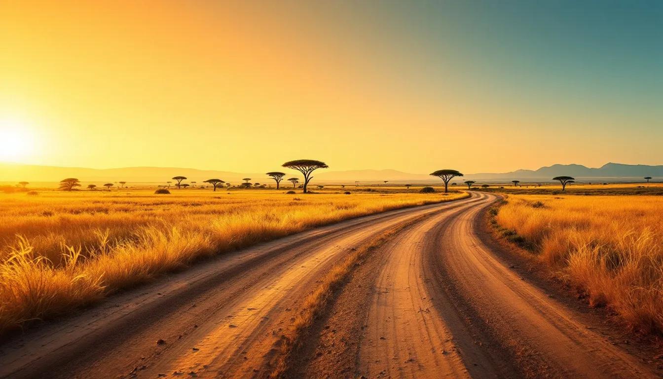 A winding dirt road stretching into the distance across a golden South African savanna at sunset, symbolising the long-term journey of staying invested and letting time in the market work in your favour.