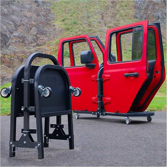 EZ4X4 Aluminum Black 4 Door Folding Rolling Door Cart, Storage Door Rack Holder for Jeep JK